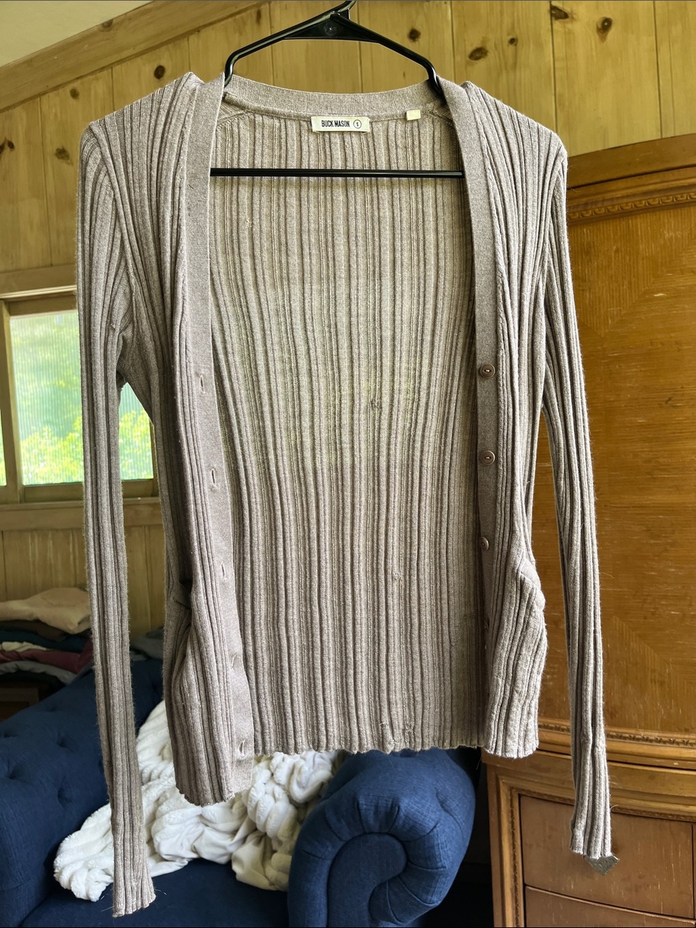 Buck Mason Lightweight Wool/Silk/Cashmere Ribbed Collared Cardigan, Small.